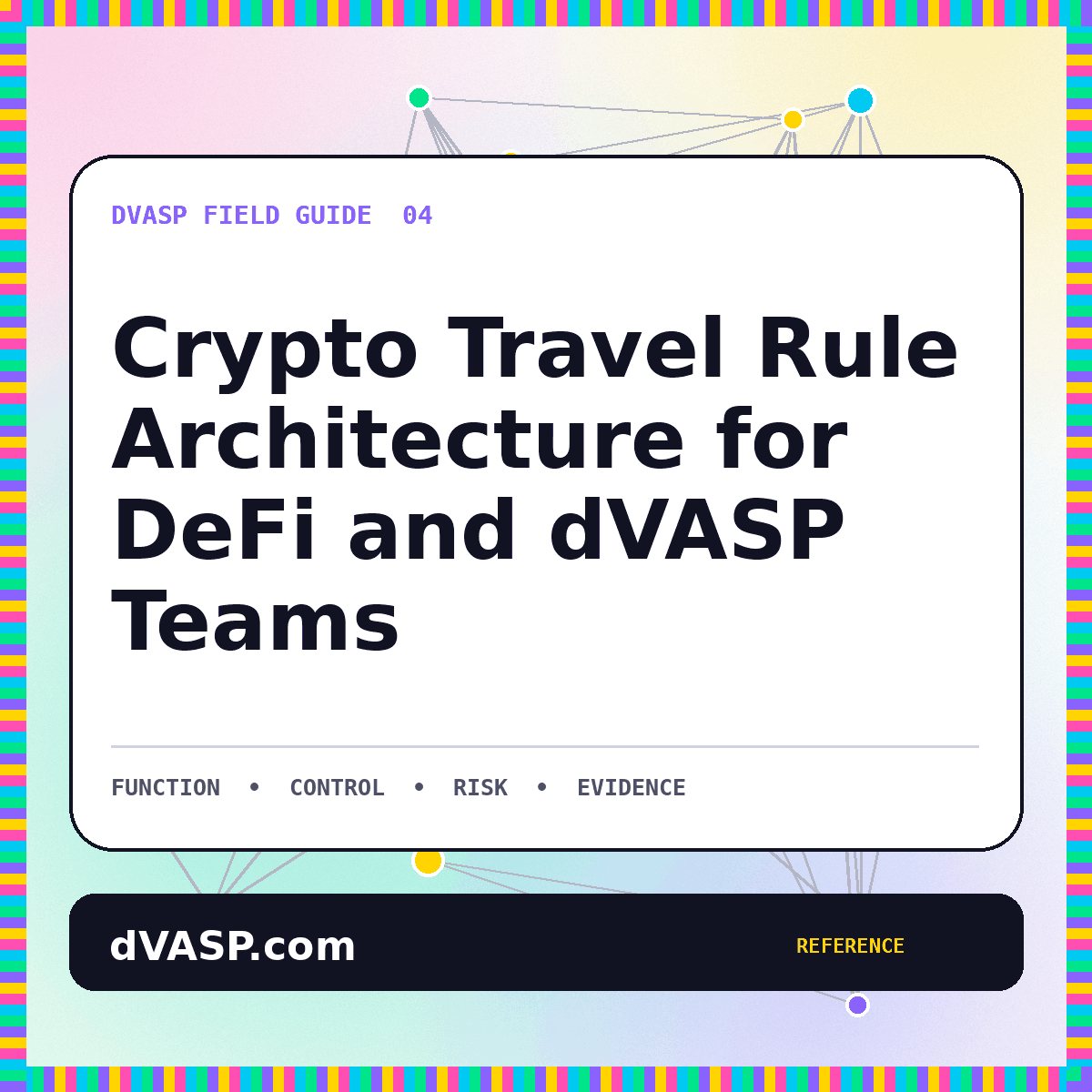Neon data-flow card for crypto Travel Rule architecture across DeFi services