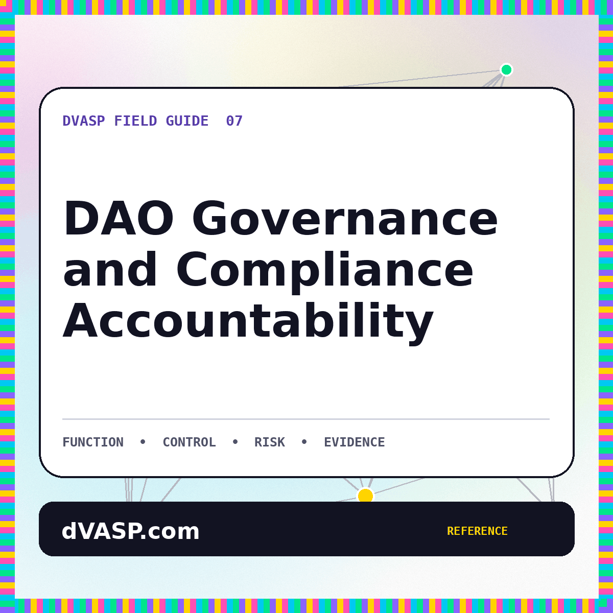 Neon governance map connecting a DAO, delegates, council, foundation, and control owners